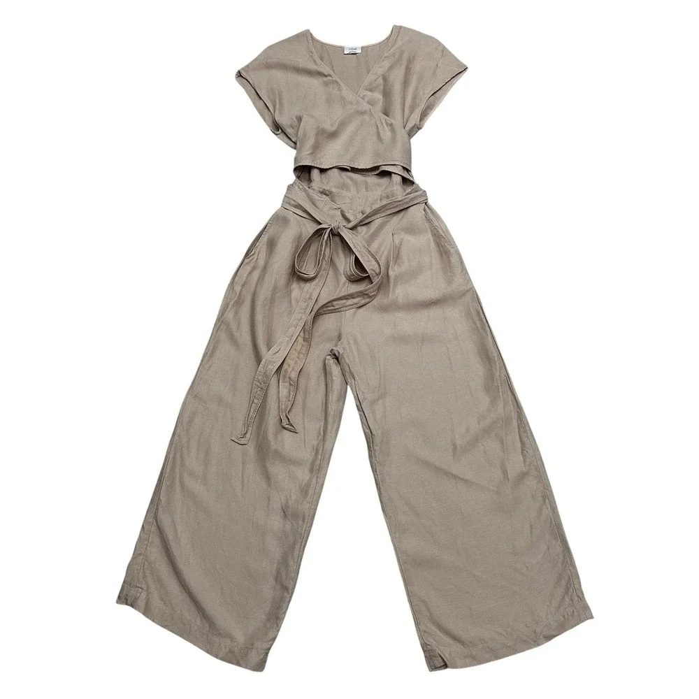 Wilfred Brax Jumpsuit Beige Size 8 Linen Blend Wide Legs Wrap Front Tie Waist